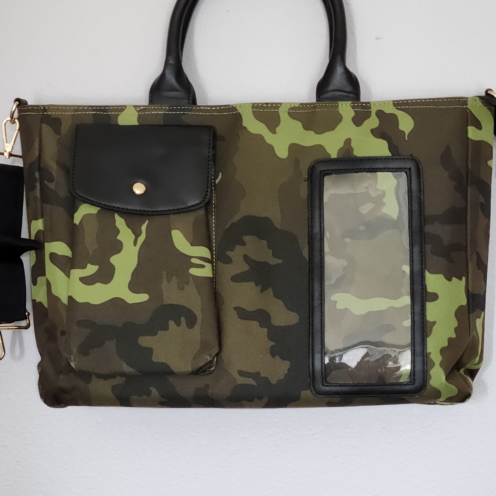 Green and Black Camouflage Shoulder Bag with Durable Fabric